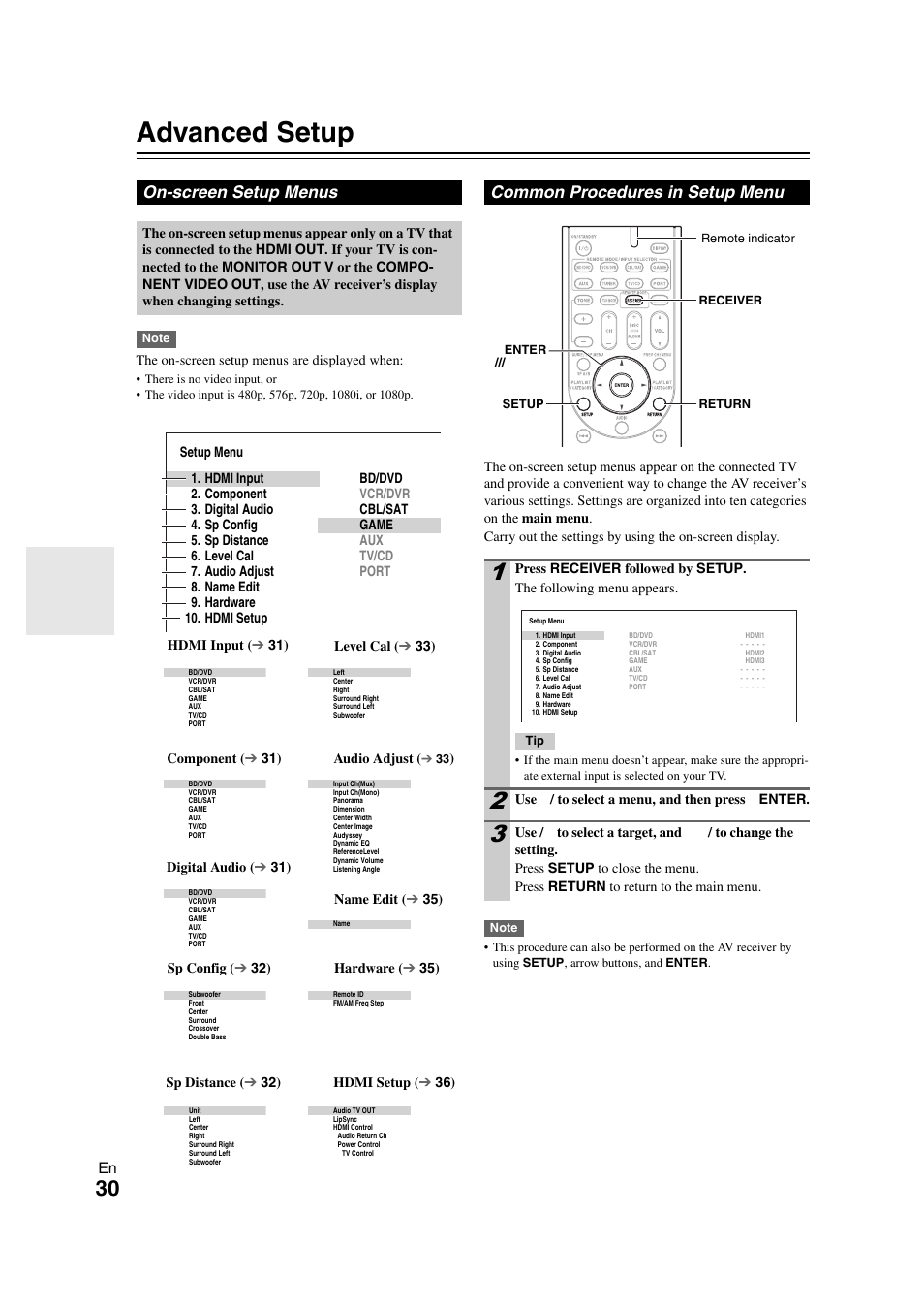 Advanced operations, Advanced setup, On-screen setup menus | Common procedures in setup menu, Disabled. see “advanced setup” fo, E “advanced setup” for | Onkyo HT-S3300 User Manual | Page 30 / 56