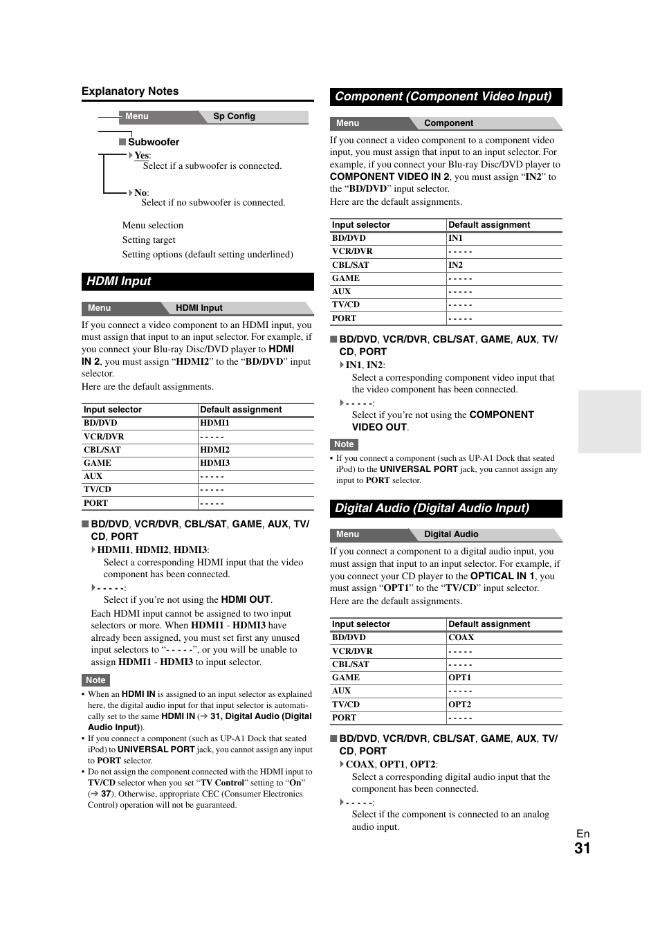 Hdmi input, Component (component video input), Digital audio (digital audio input) | Changed | Onkyo HT-S3300 User Manual | Page 31 / 56