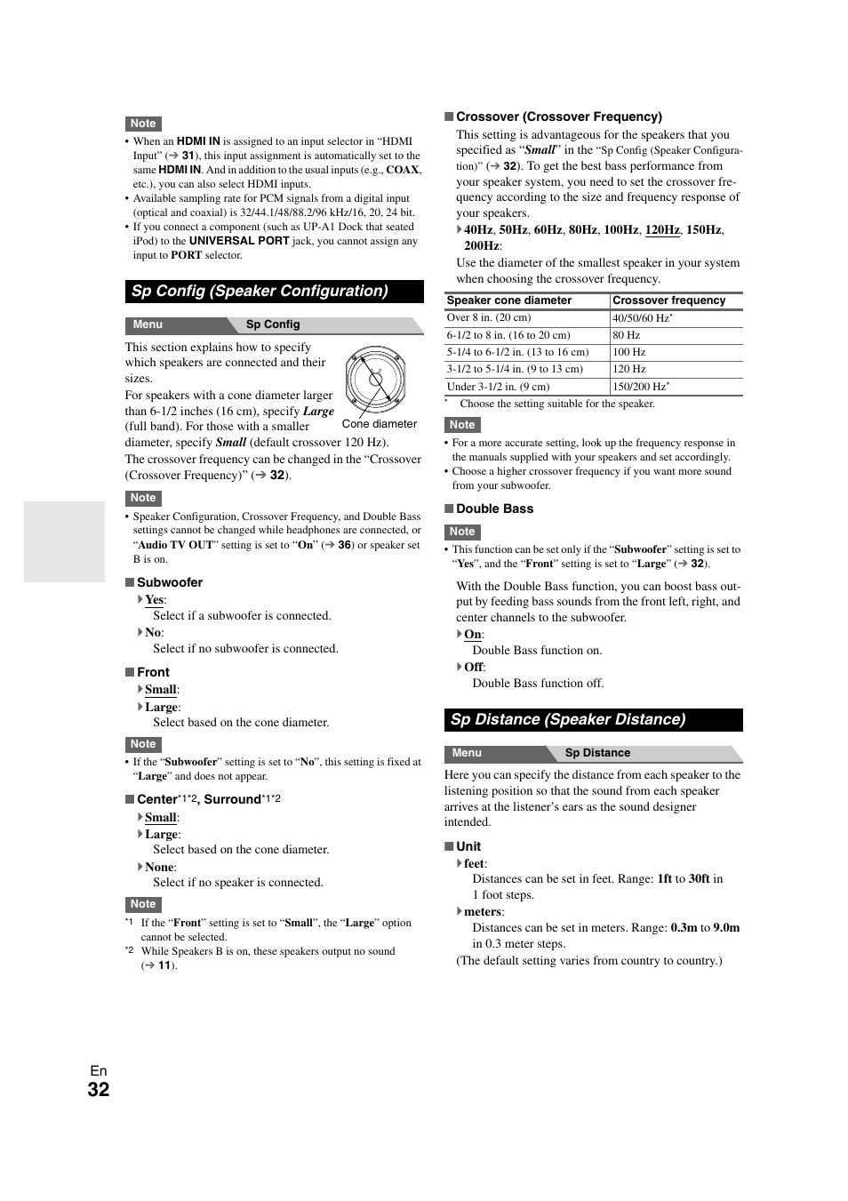 Sp config (speaker configuration), Sp distance (speaker distance), Distance | Onkyo HT-S3300 User Manual | Page 32 / 56