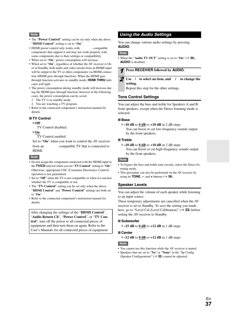 Using the audio settings, 37 ) to | Onkyo HT-S3300 User Manual | Page 37 / 56