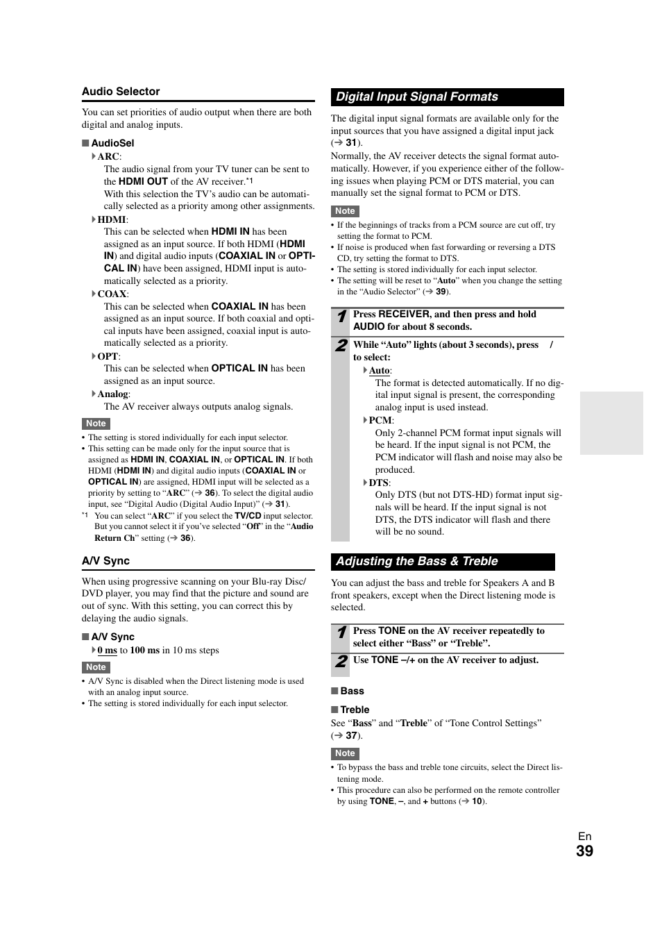 Digital input signal formats, Adjusting the bass & treble | Onkyo HT-S3300 User Manual | Page 39 / 56