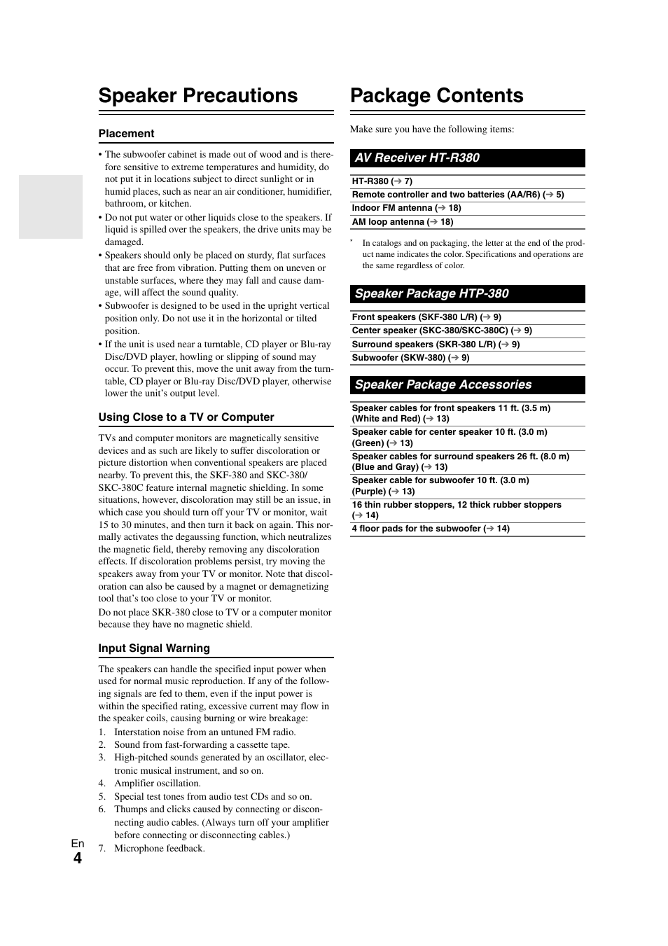 Speaker precautions, Package contents, Av receiver ht-r380 | Speaker package htp-380, Speaker package accessories | Onkyo HT-S3300 User Manual | Page 4 / 56