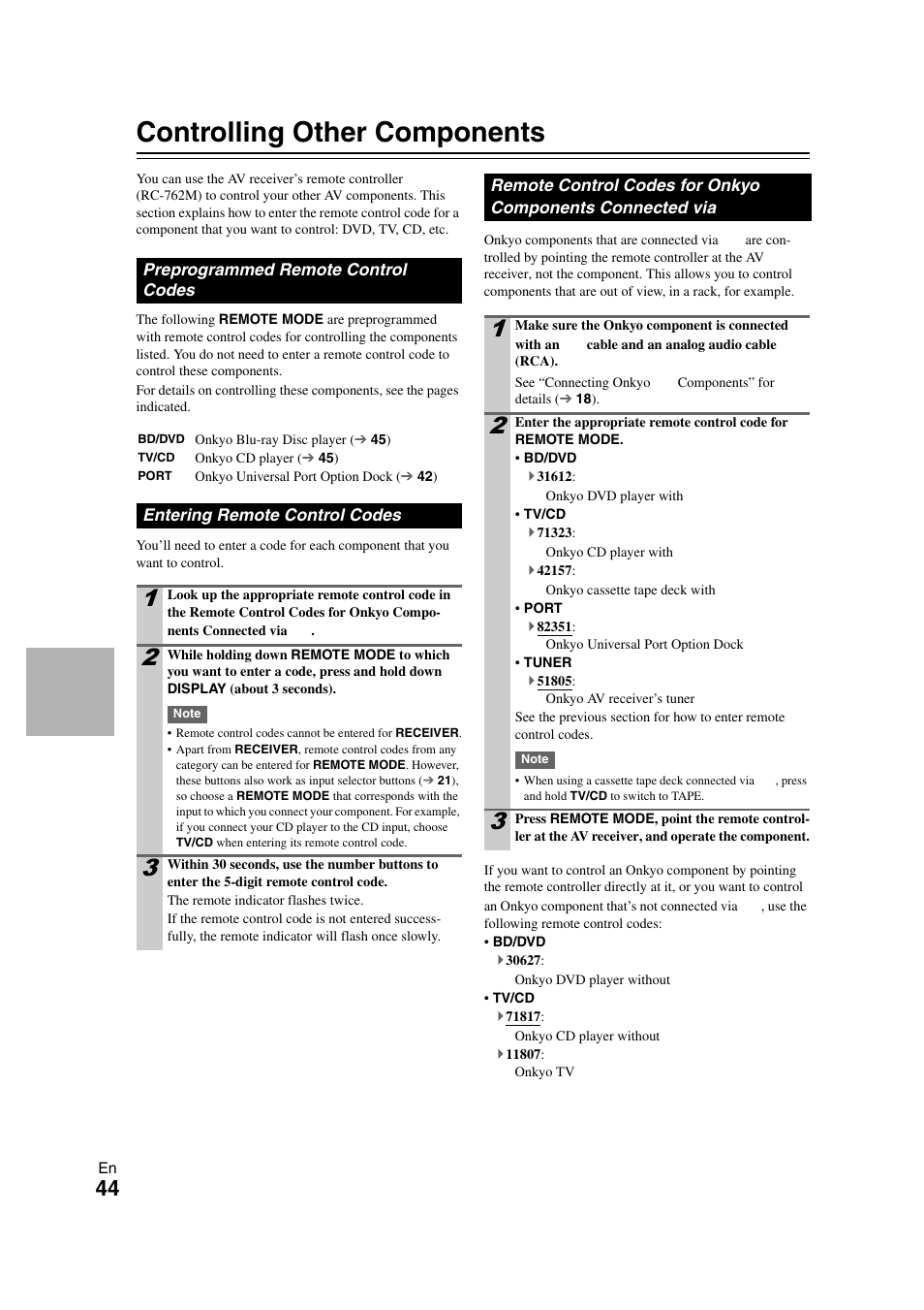 Controlling other components, Preprogrammed remote control codes, Entering remote control codes | 44 to, Entering remote control codes” f, T time | Onkyo HT-S3300 User Manual | Page 44 / 56