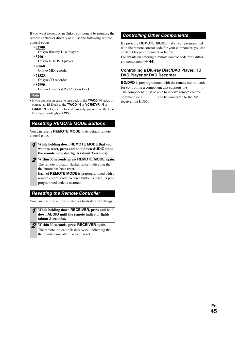 Resetting remote mode buttons, Resetting the remote controller, Controlling other components | Onkyo HT-S3300 User Manual | Page 45 / 56