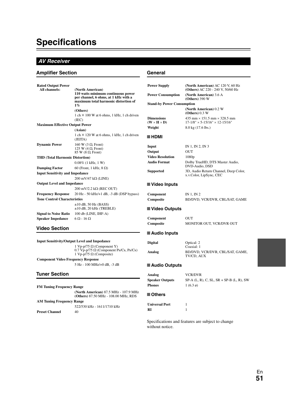 Specifications, Av receiver | Onkyo HT-S3300 User Manual | Page 51 / 56