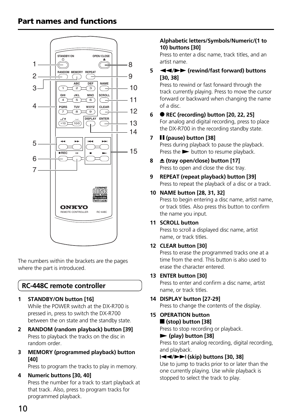 Part names and functions, Rc-448c remote controller | Onkyo DX-R700 User Manual | Page 10 / 48