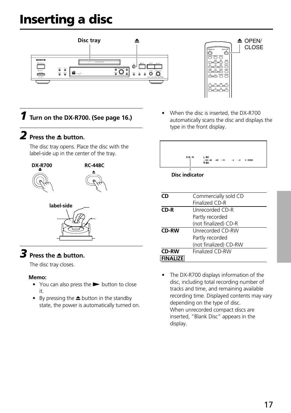 Inserting a disc, Press the r button, Ropen/ close r | Disc tray, Label-side, Disc indicator, Push to enter | Onkyo DX-R700 User Manual | Page 17 / 48