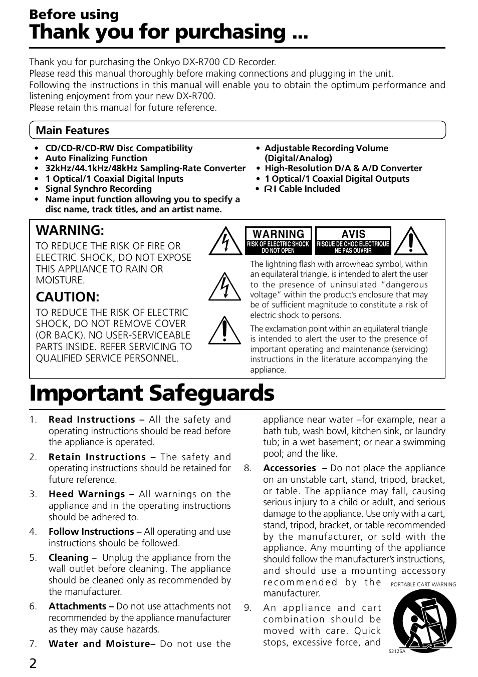 Important safeguards, Before using, Warning | Caution | Onkyo DX-R700 User Manual | Page 2 / 48