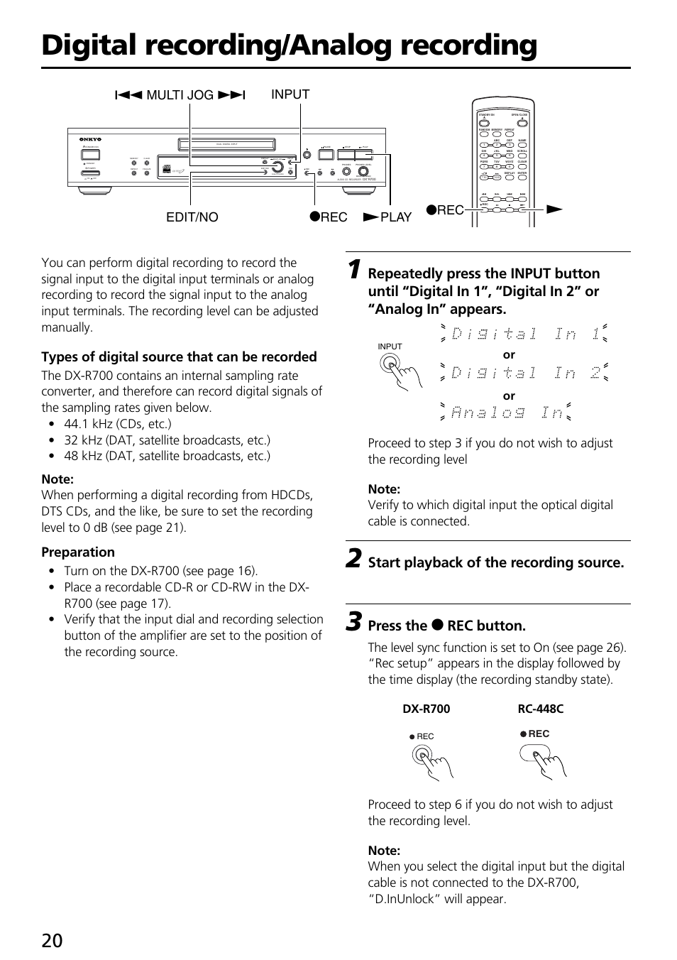 Digital recording/analog recording, Start playback of the recording source, Press the o rec button | Types of digital source that can be recorded, Preparation, Push to enter | Onkyo DX-R700 User Manual | Page 20 / 48