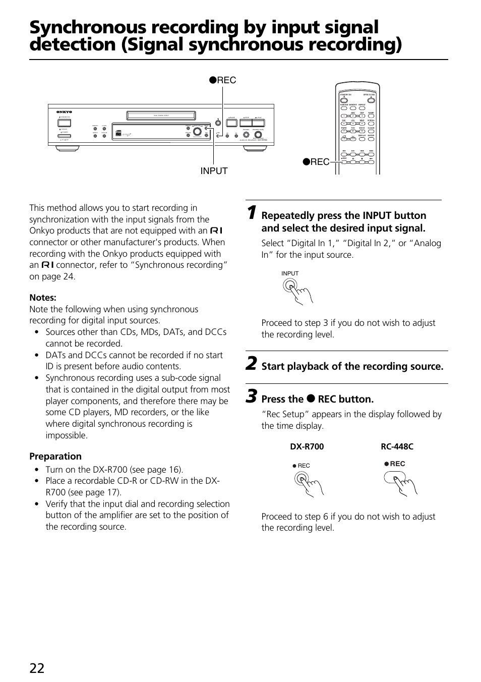 Start playback of the recording source, Press the o rec button, Preparation | Orec o rec input, Push to enter | Onkyo DX-R700 User Manual | Page 22 / 48