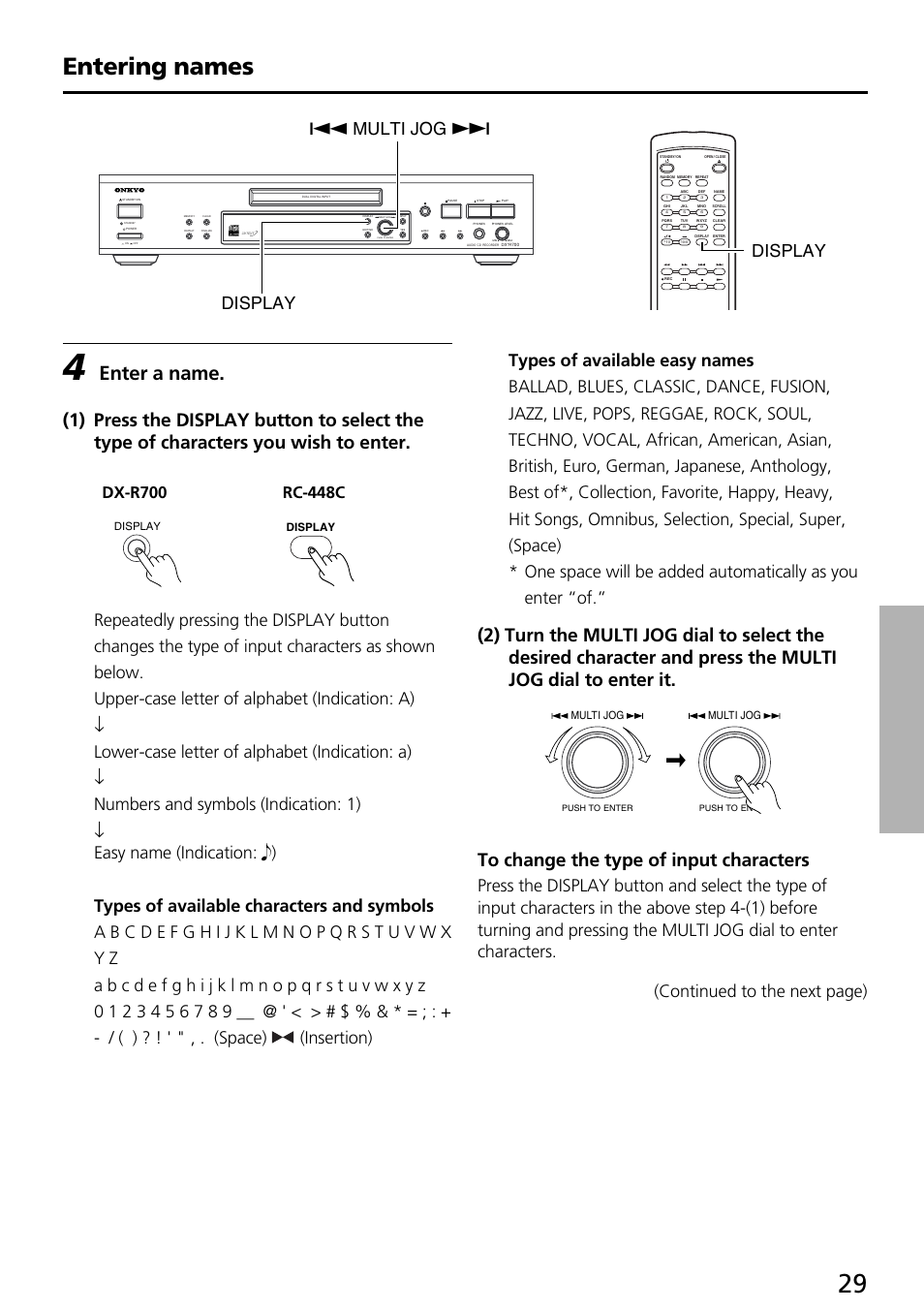 Entering names, Enter a name, Display q multi jog w display | Push to enter | Onkyo DX-R700 User Manual | Page 29 / 48