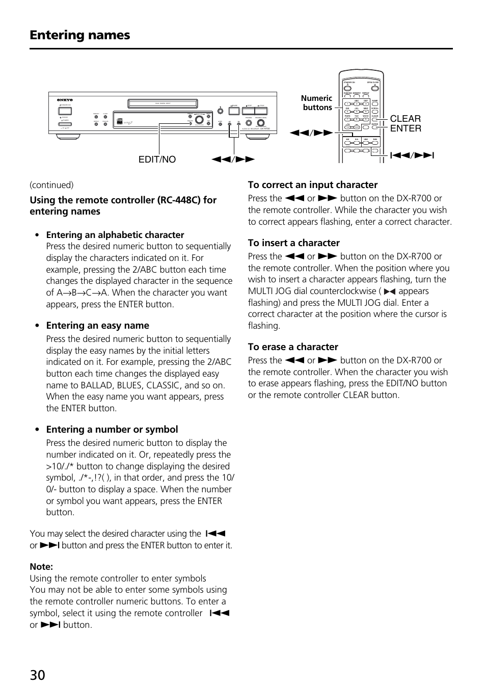 Entering names, Entering an easy name, Entering a number or symbol | Q/w d/f d/f enter clear edit/no, Continued), Numeric buttons, Push to enter | Onkyo DX-R700 User Manual | Page 30 / 48