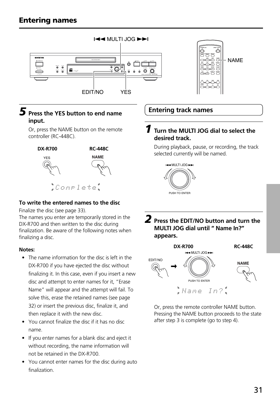 Entering names, Entering track names, Press the yes button to end name input | Qmulti jog w yes edit/no name, Push to enter | Onkyo DX-R700 User Manual | Page 31 / 48