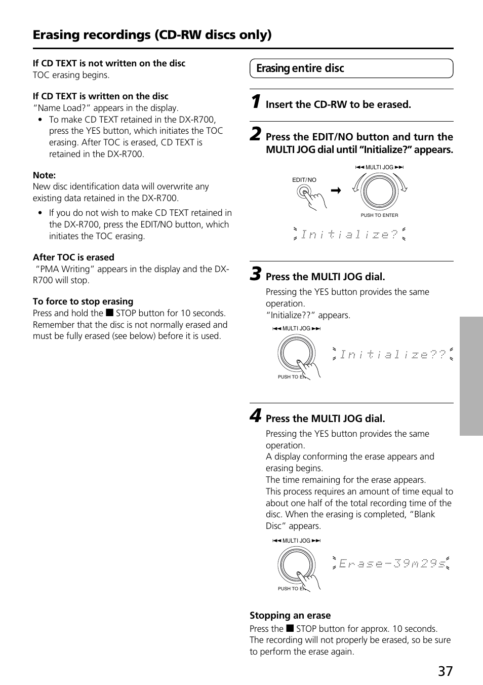 Erasing recordings (cd-rw discs only) | Onkyo DX-R700 User Manual | Page 37 / 48
