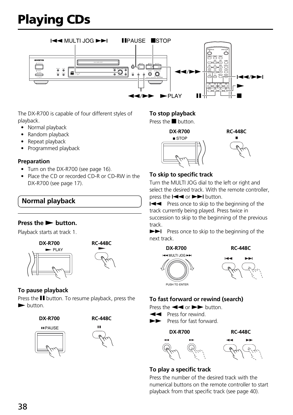 Playing cds, Normal playback, Press the s button | Preparation, Playback starts at track 1, Press the e button, Push to enter | Onkyo DX-R700 User Manual | Page 38 / 48