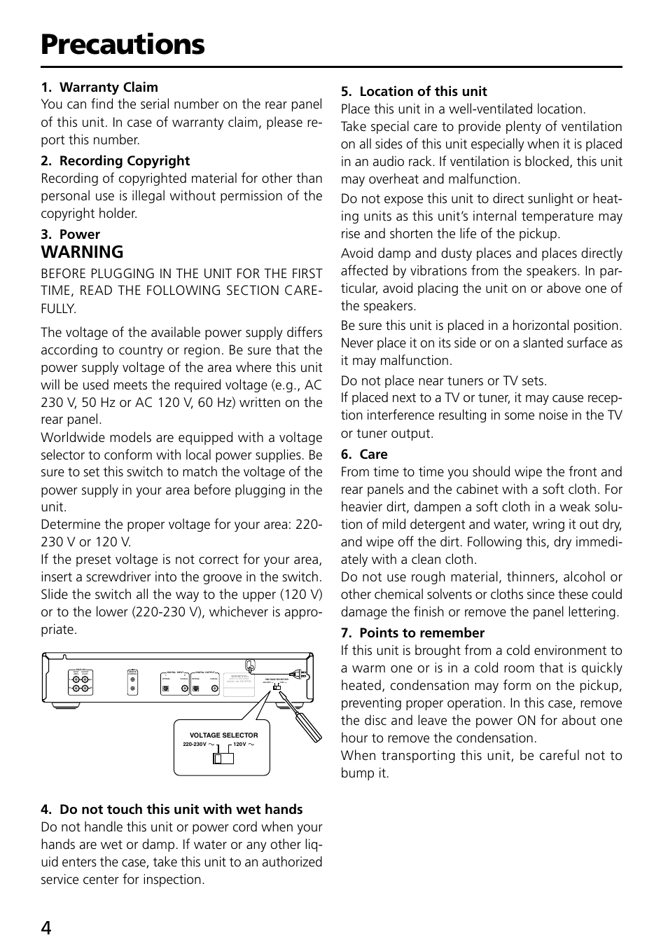 Precautions, Warning | Onkyo DX-R700 User Manual | Page 4 / 48