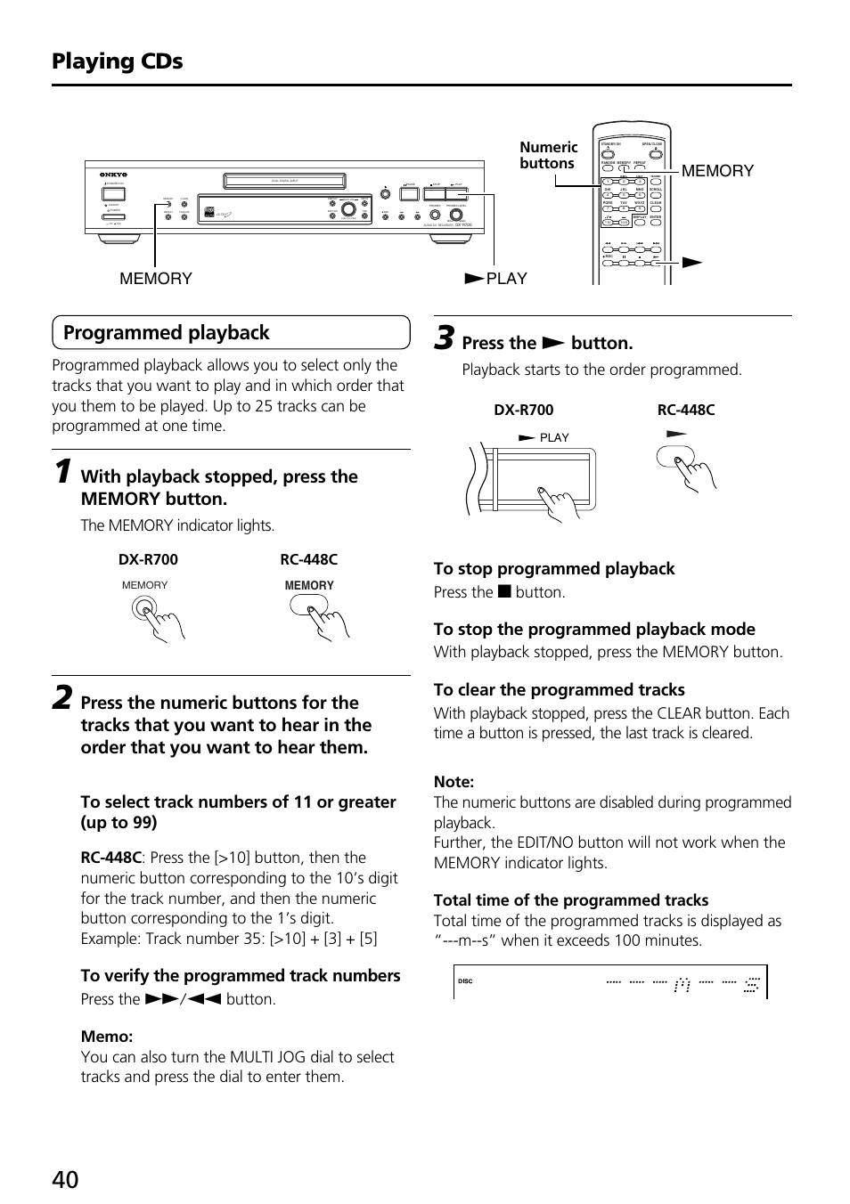 Playing cds, Programmed playback, Press the s button | Press the e button, Playback starts to the order programmed, Push to enter | Onkyo DX-R700 User Manual | Page 40 / 48