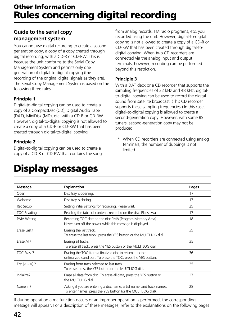 Display messages, Rules concerning digital recording, Other information | Guide to the serial copy management system | Onkyo DX-R700 User Manual | Page 42 / 48