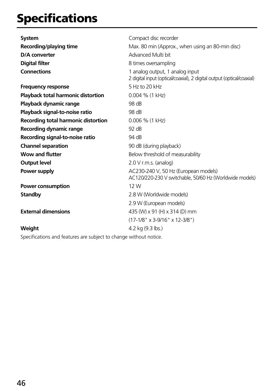 Specifications | Onkyo DX-R700 User Manual | Page 46 / 48