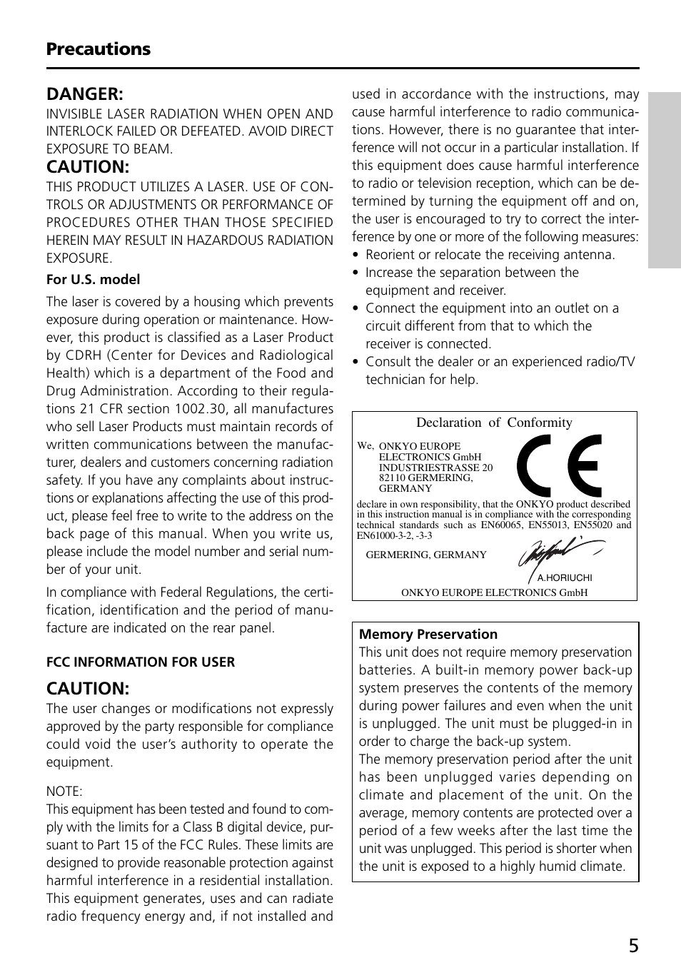 Precautions danger, Caution | Onkyo DX-R700 User Manual | Page 5 / 48