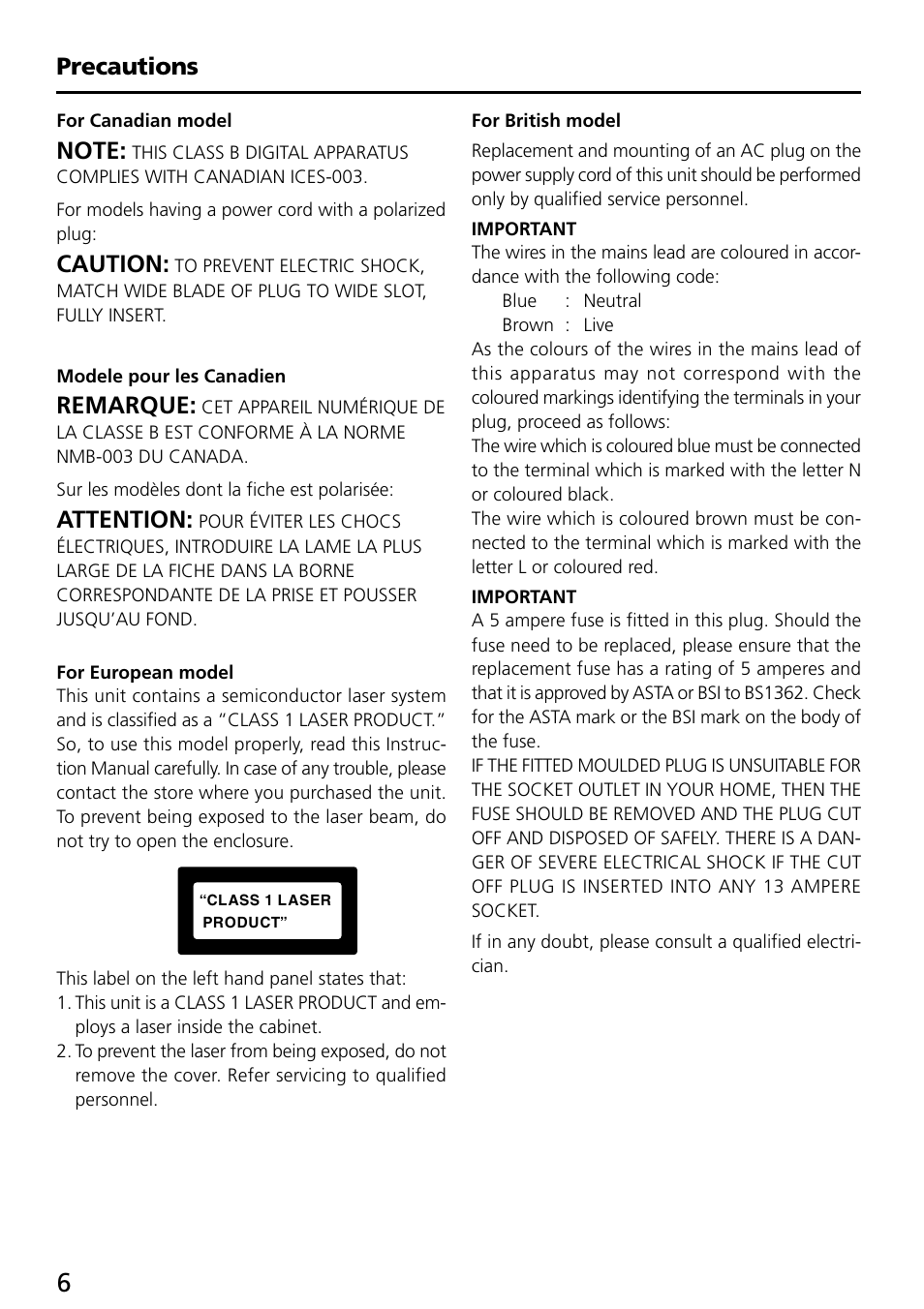 Precautions, Caution, Remarque | Attention | Onkyo DX-R700 User Manual | Page 6 / 48