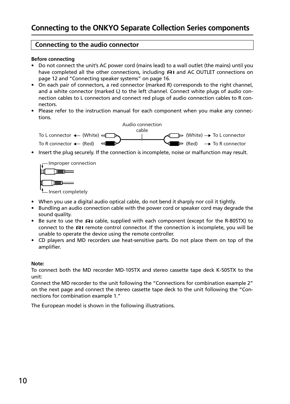 Connecting to the audio connector | Onkyo R-805TX User Manual | Page 10 / 52