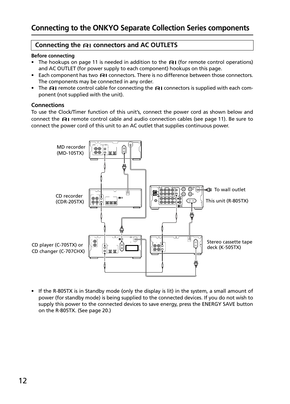 Connecting the connectors and ac outlets, Connections, Rec) (play) input output optical | Onkyo R-805TX User Manual | Page 12 / 52