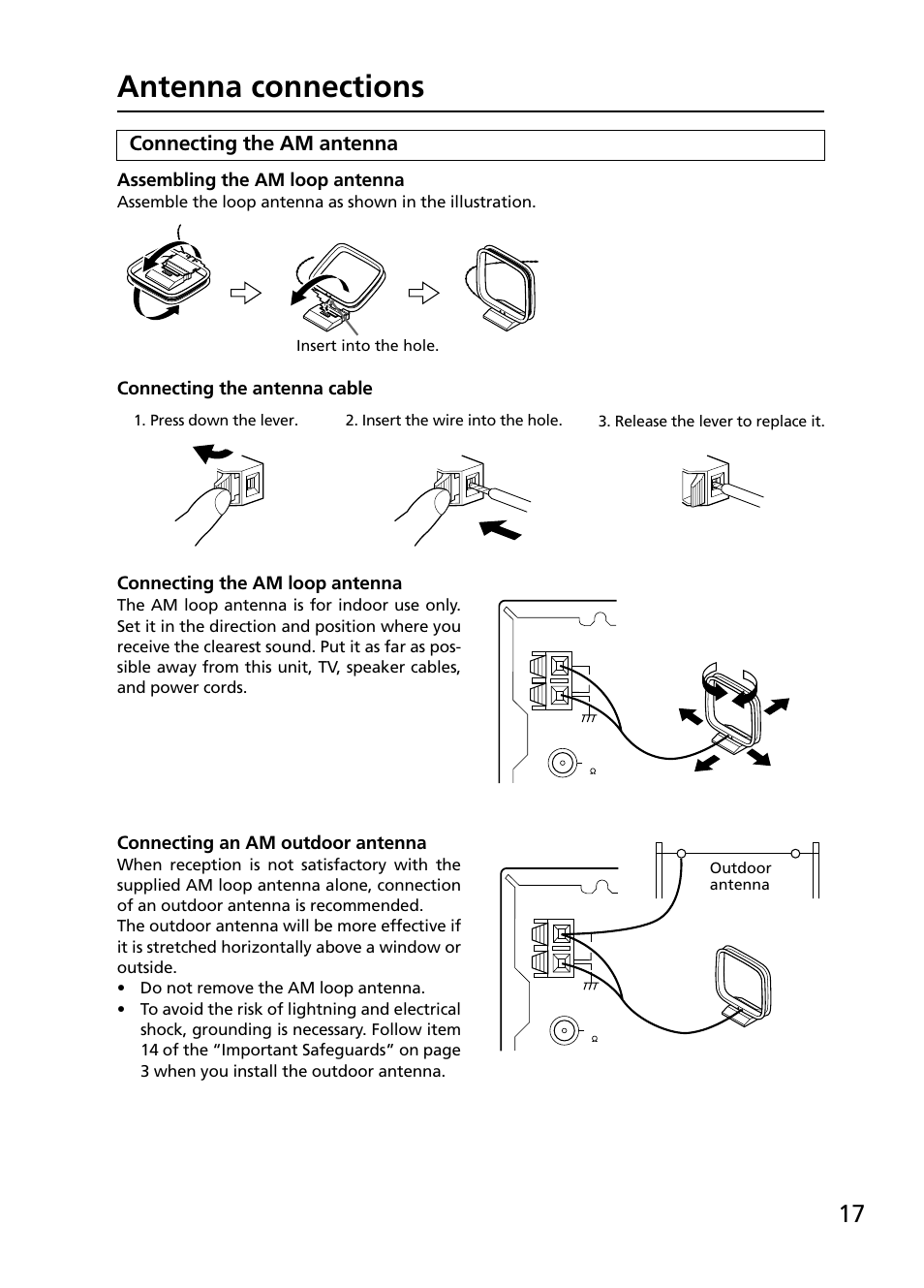 Antenna connections, Connecting the am antenna, Assembling the am loop antenna | Connecting an am outdoor antenna | Onkyo R-805TX User Manual | Page 17 / 52