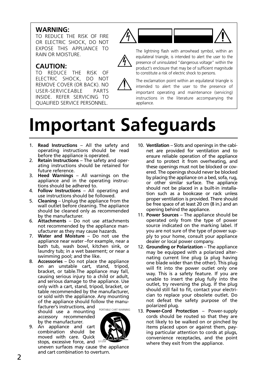 Important safeguards, Warning, Caution | Onkyo R-805TX User Manual | Page 2 / 52