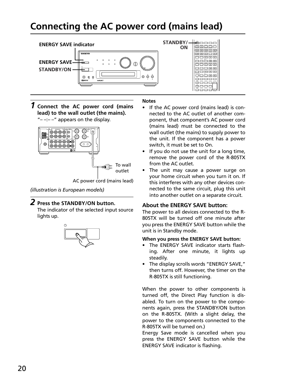 Connecting the ac power cord (mains lead), About the energy save button, Press the standby/on button | Onkyo R-805TX User Manual | Page 20 / 52