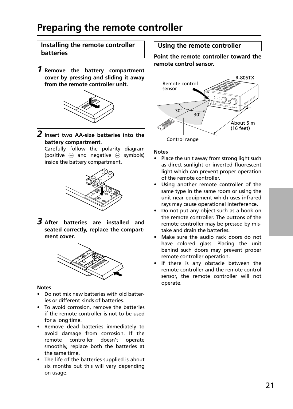 Preparing the remote controller | Onkyo R-805TX User Manual | Page 21 / 52