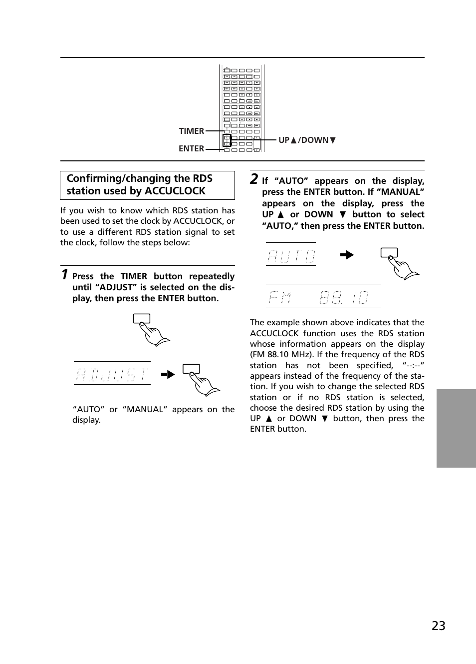 Auto” or “manual” appears on the display, Timer up π /down † enter | Onkyo R-805TX User Manual | Page 23 / 52