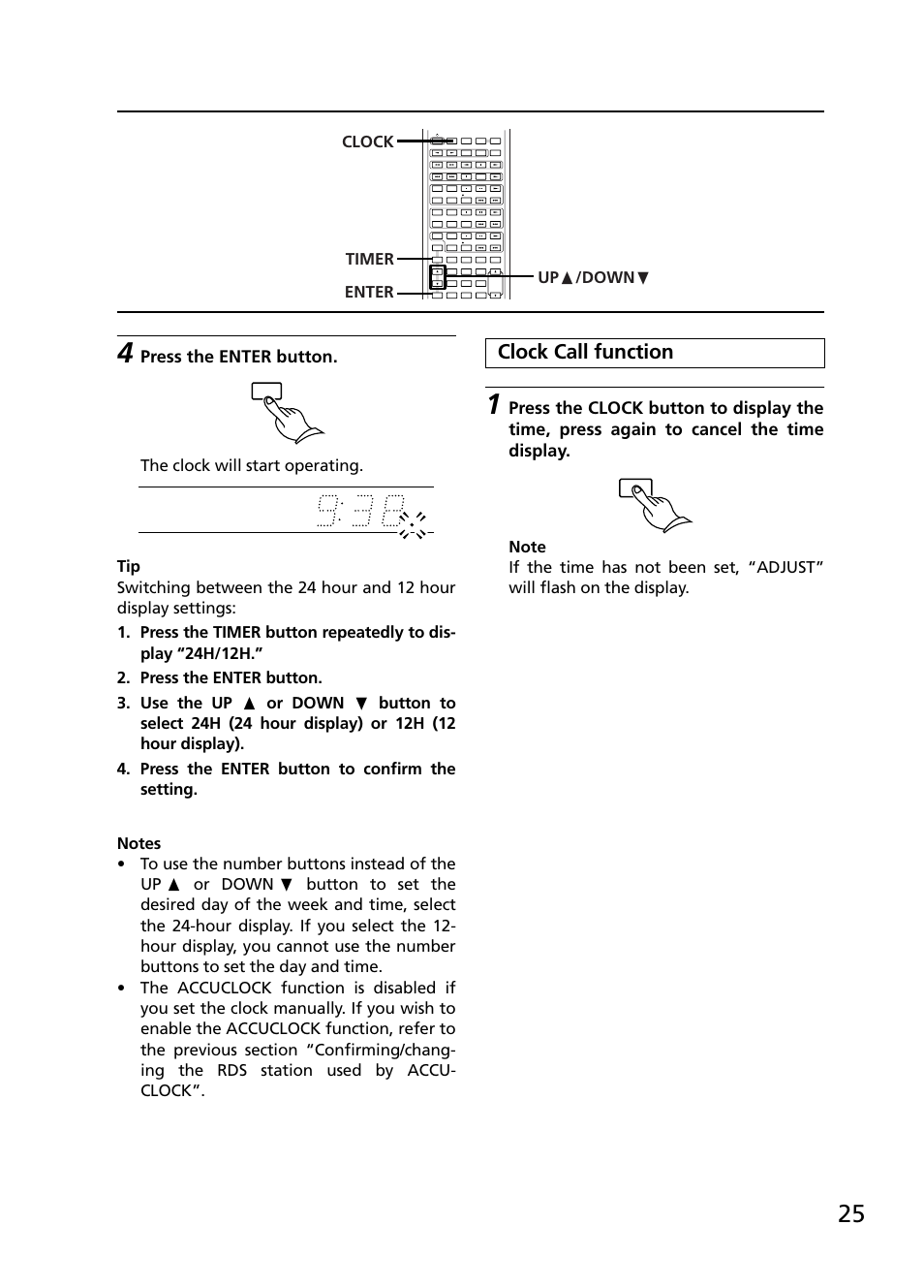 Clock call function, Press the enter button, Timer clock up π /down † enter | Onkyo R-805TX User Manual | Page 25 / 52