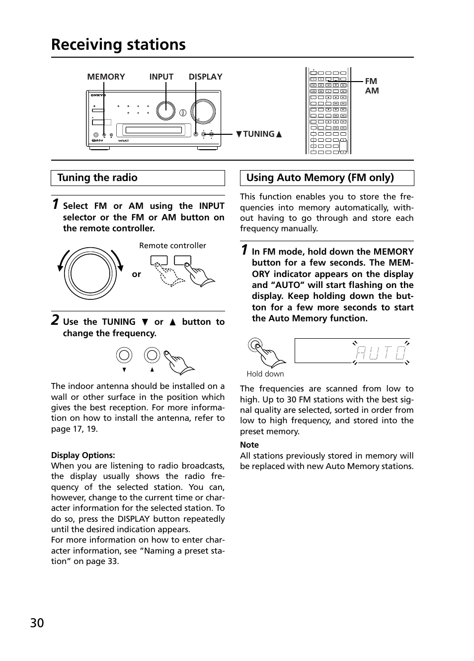 Receiving stations, Tuning the radio, Remote controller | Hold down, Tuning | Onkyo R-805TX User Manual | Page 30 / 52