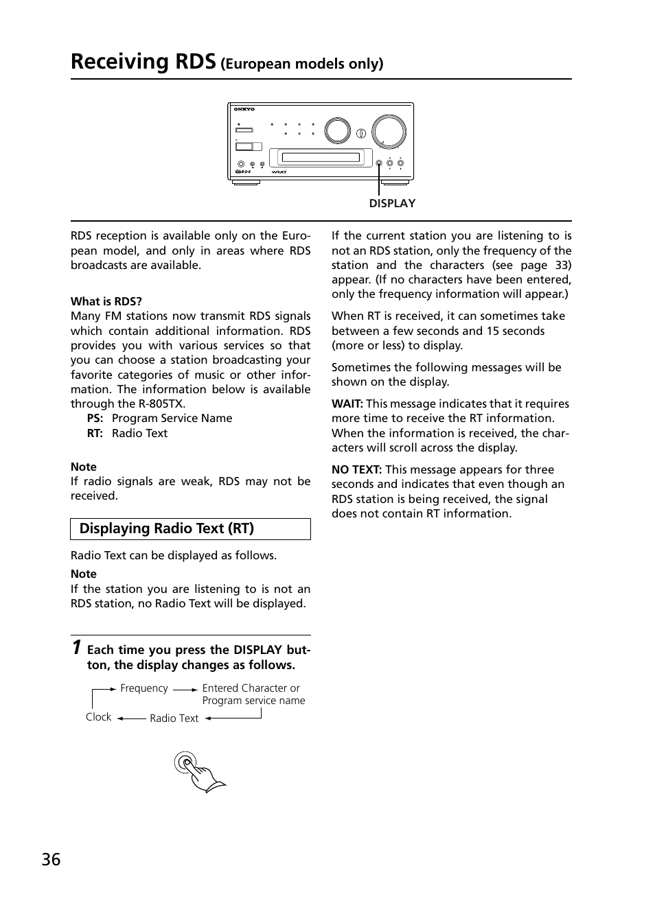 Receiving rds, European models only), Displaying radio text (rt) | Display | Onkyo R-805TX User Manual | Page 36 / 52