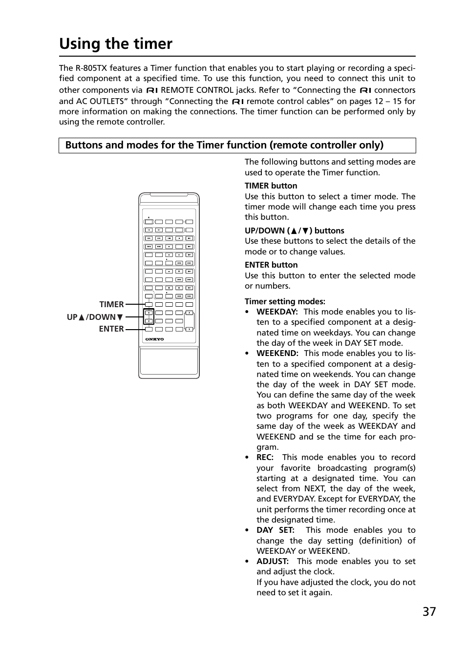 Using the timer, Timer up π /down † enter | Onkyo R-805TX User Manual | Page 37 / 52