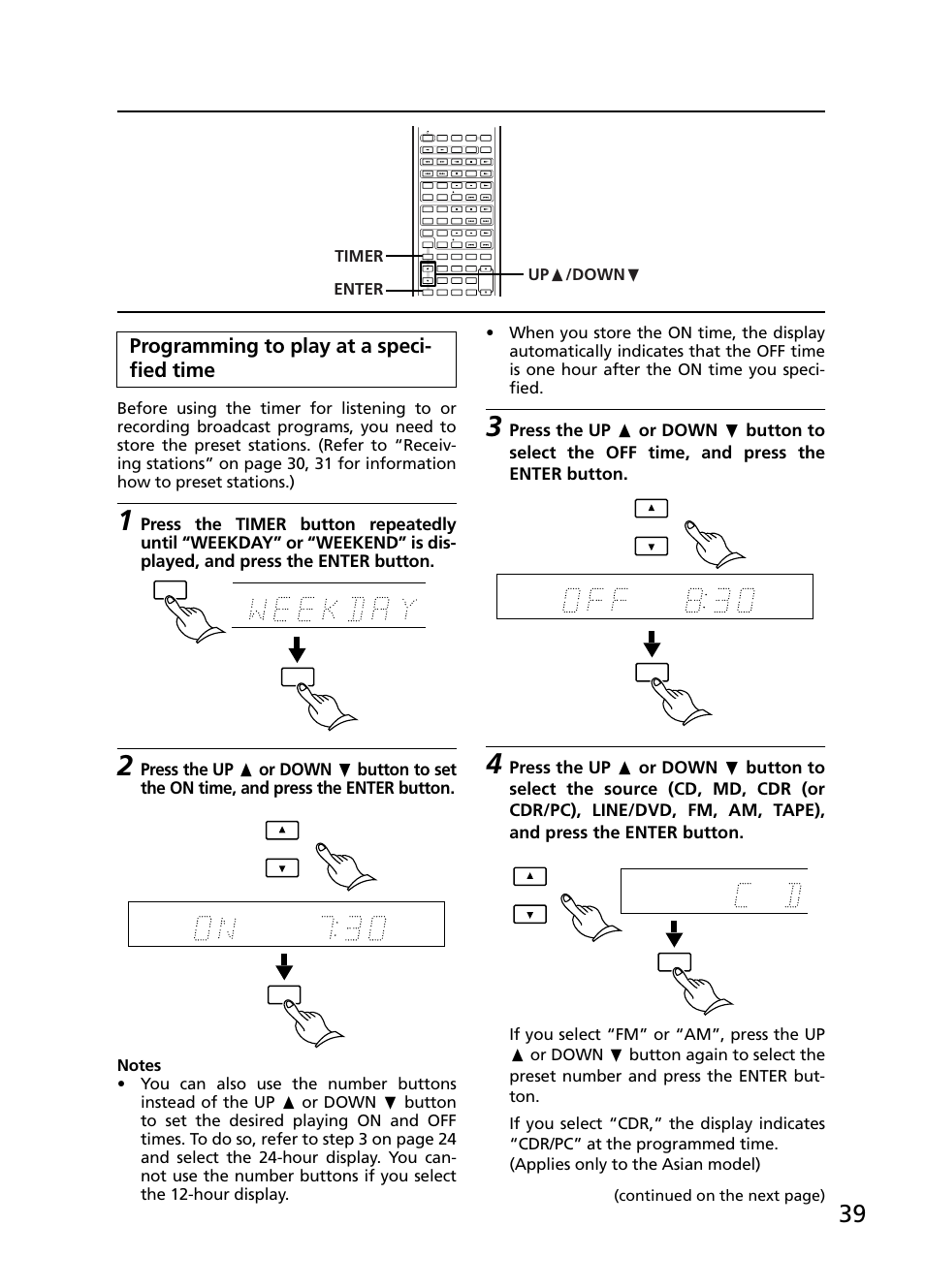 Programming to play at a speci- fied time, Timer up π /down † enter, Continued on the next page) | Onkyo R-805TX User Manual | Page 39 / 52