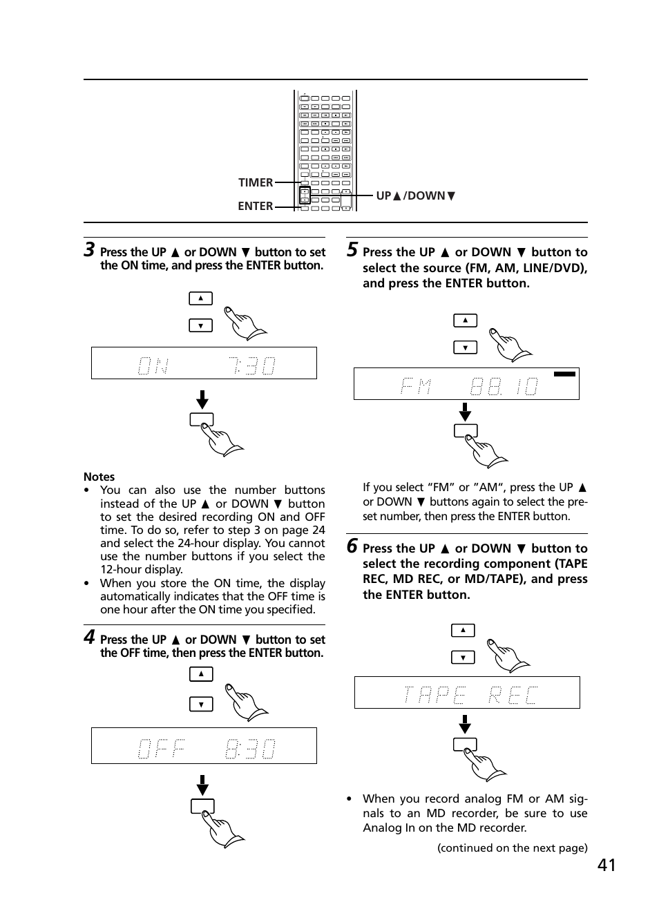 Timer up π /down † enter, Continued on the next page) | Onkyo R-805TX User Manual | Page 41 / 52