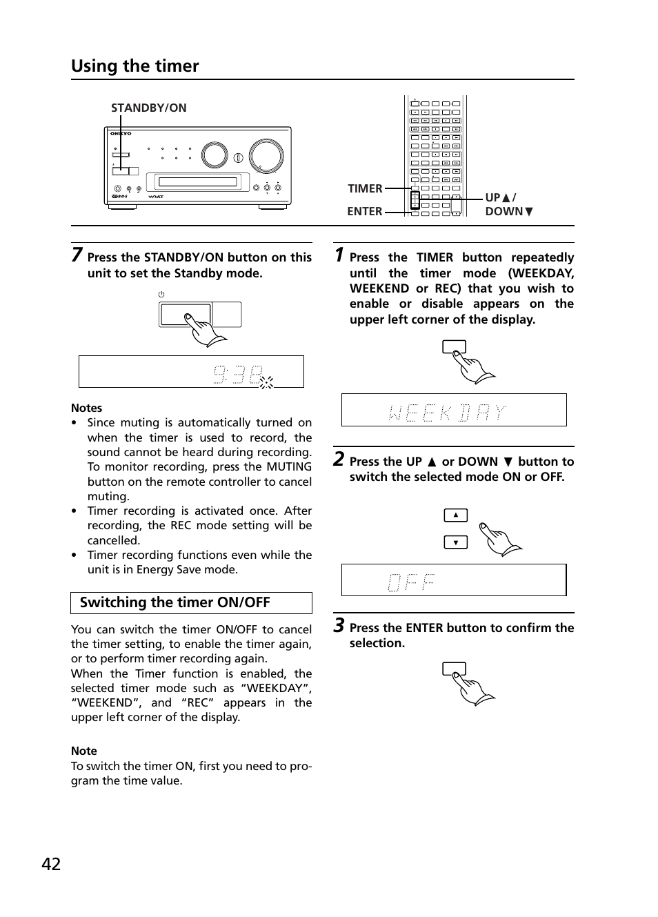42 using the timer, Switching the timer on/off, Press the enter button to confirm the selection | Standby/on timer up π / down † enter | Onkyo R-805TX User Manual | Page 42 / 52