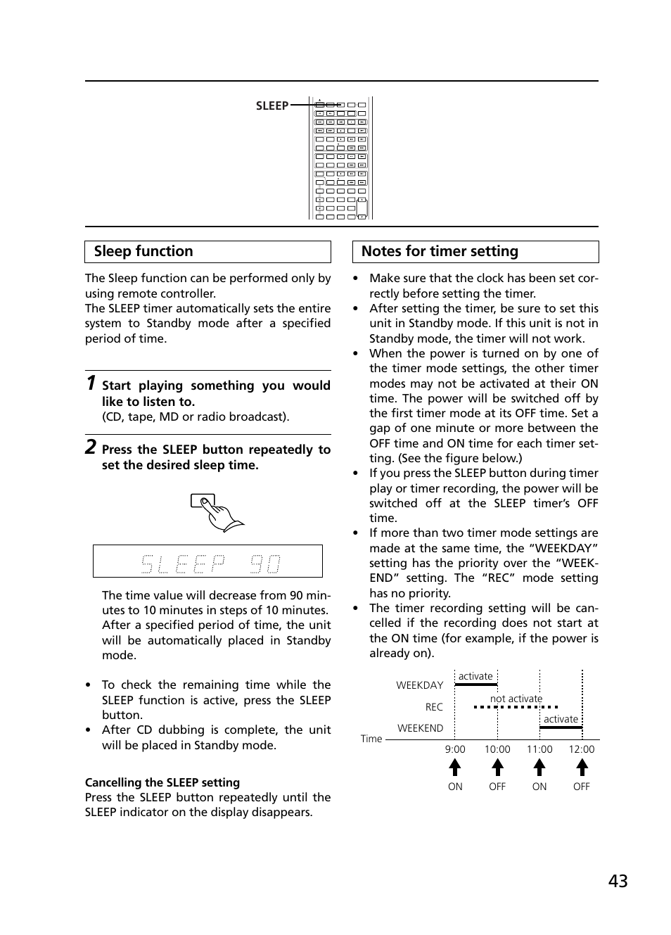 Sleep function, Cd, tape, md or radio broadcast) | Onkyo R-805TX User Manual | Page 43 / 52