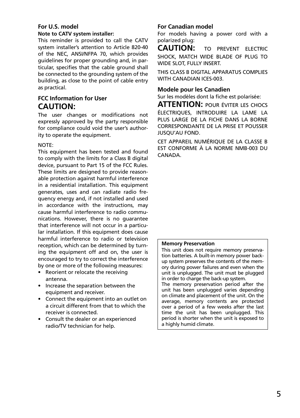 Caution, Attention | Onkyo R-805TX User Manual | Page 5 / 52