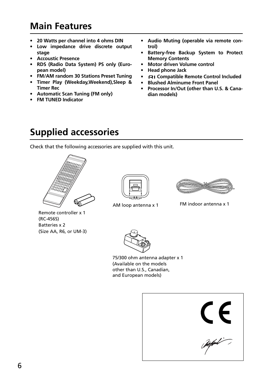 Main features, Supplied accessories | Onkyo R-805TX User Manual | Page 6 / 52