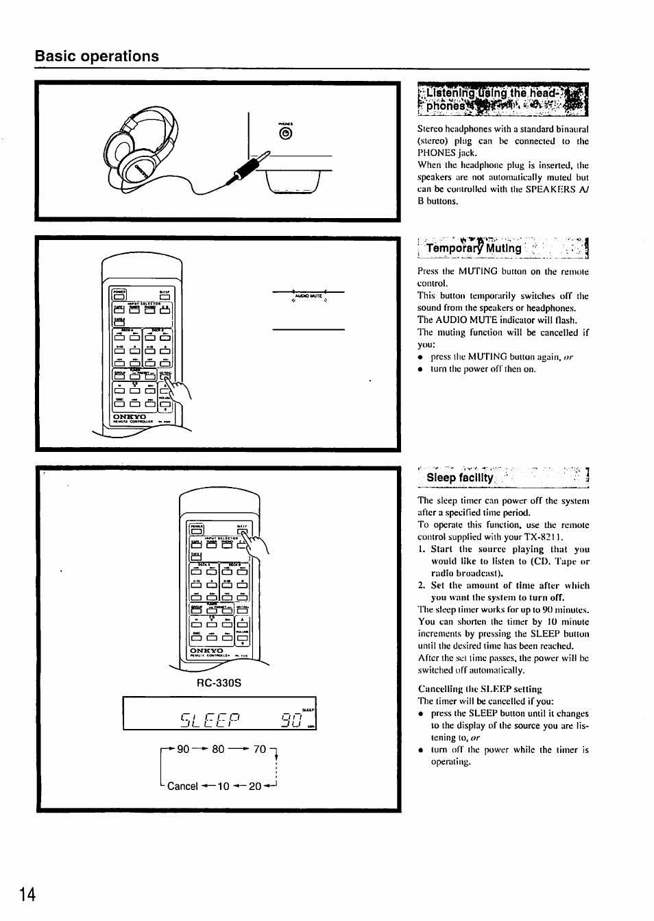 Basic operations, Temporal^ muting, Sleep facility | Onkyo TX-8211 User Manual | Page 14 / 24