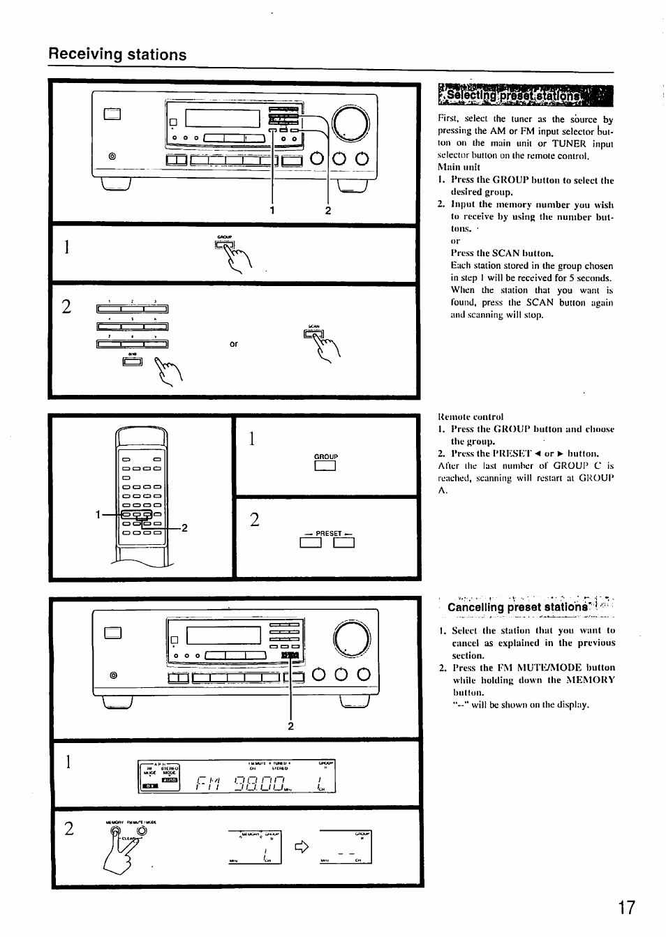 Receiving stations, Cancelling preset stations' i | Onkyo TX-8211 User Manual | Page 17 / 24