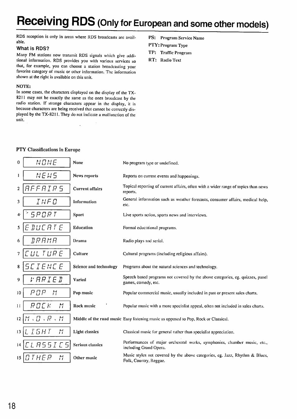 R6c6iving rds, Only for european and some other models) | Onkyo TX-8211 User Manual | Page 18 / 24
