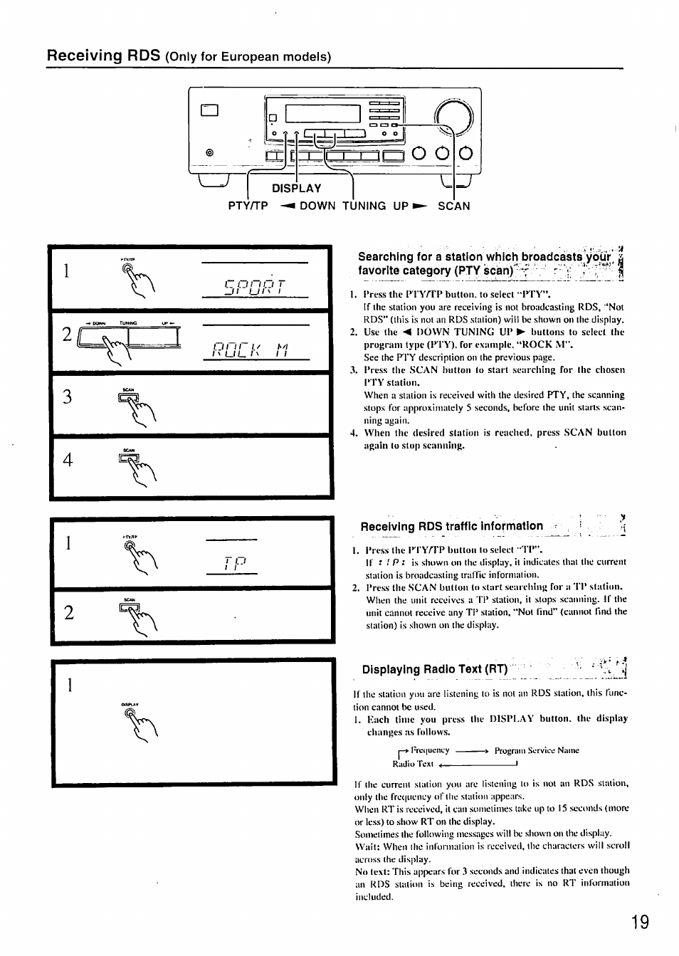 Receiving rds (only for european models), Receiving rds traffic information, Displaying radio text (rt) | Receiving rds | Onkyo TX-8211 User Manual | Page 19 / 24
