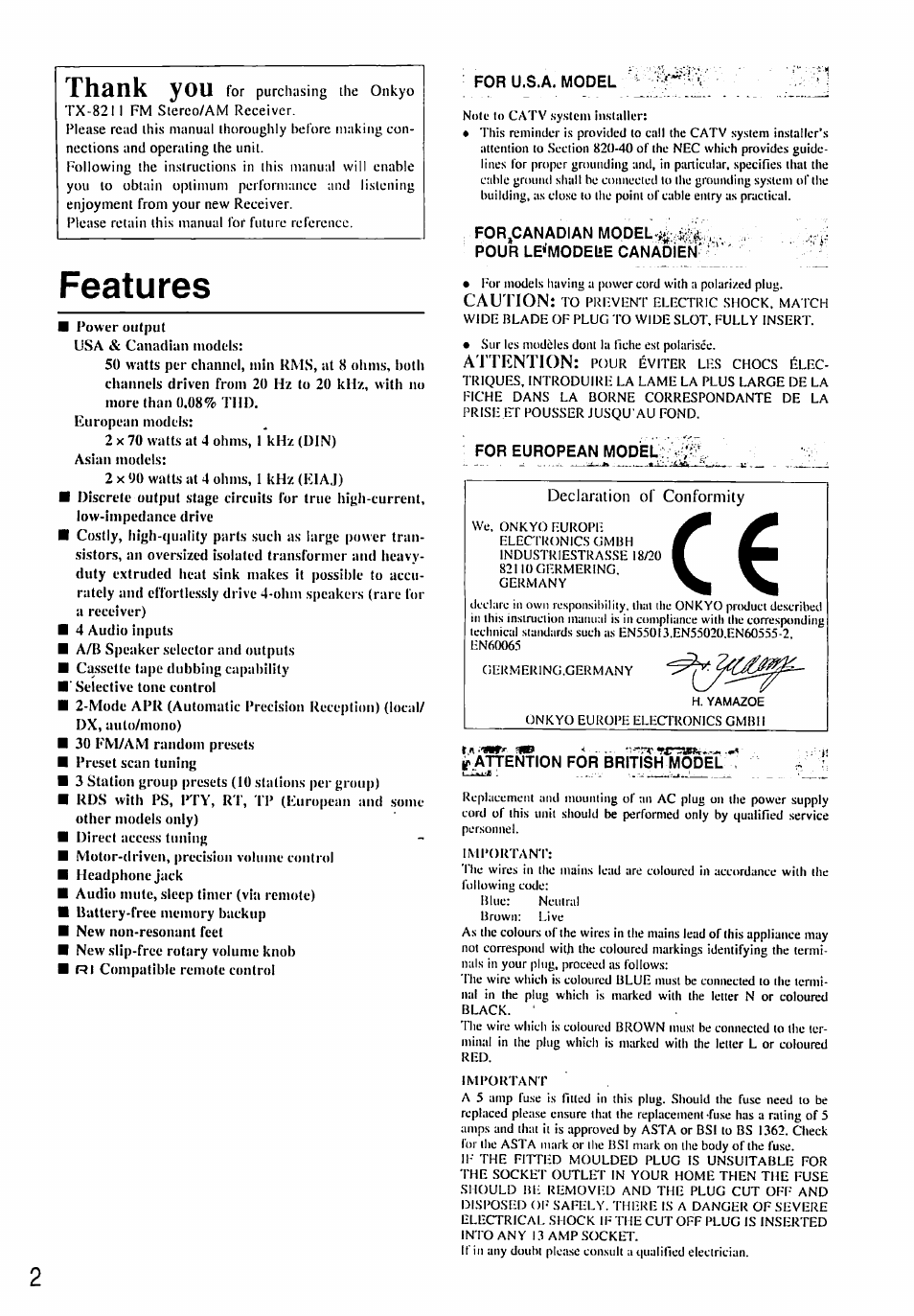 For u.s.a. model, Features, For^anadian model i^ y | Pour leiimodeue canadien, For european model, L attention for british model | Onkyo TX-8211 User Manual | Page 2 / 24