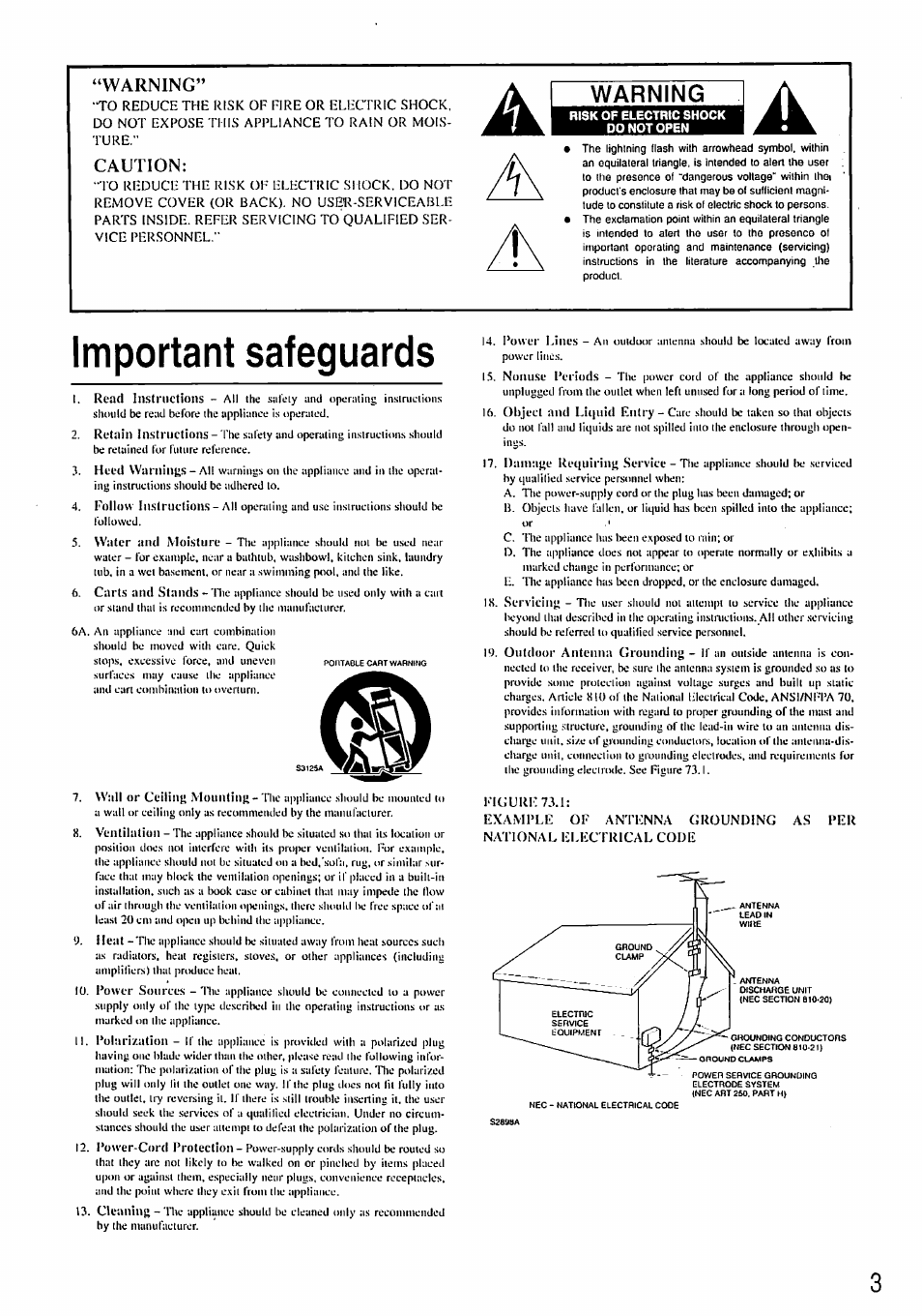 Warning, Caution, Important safeguards | Onkyo TX-8211 User Manual | Page 3 / 24