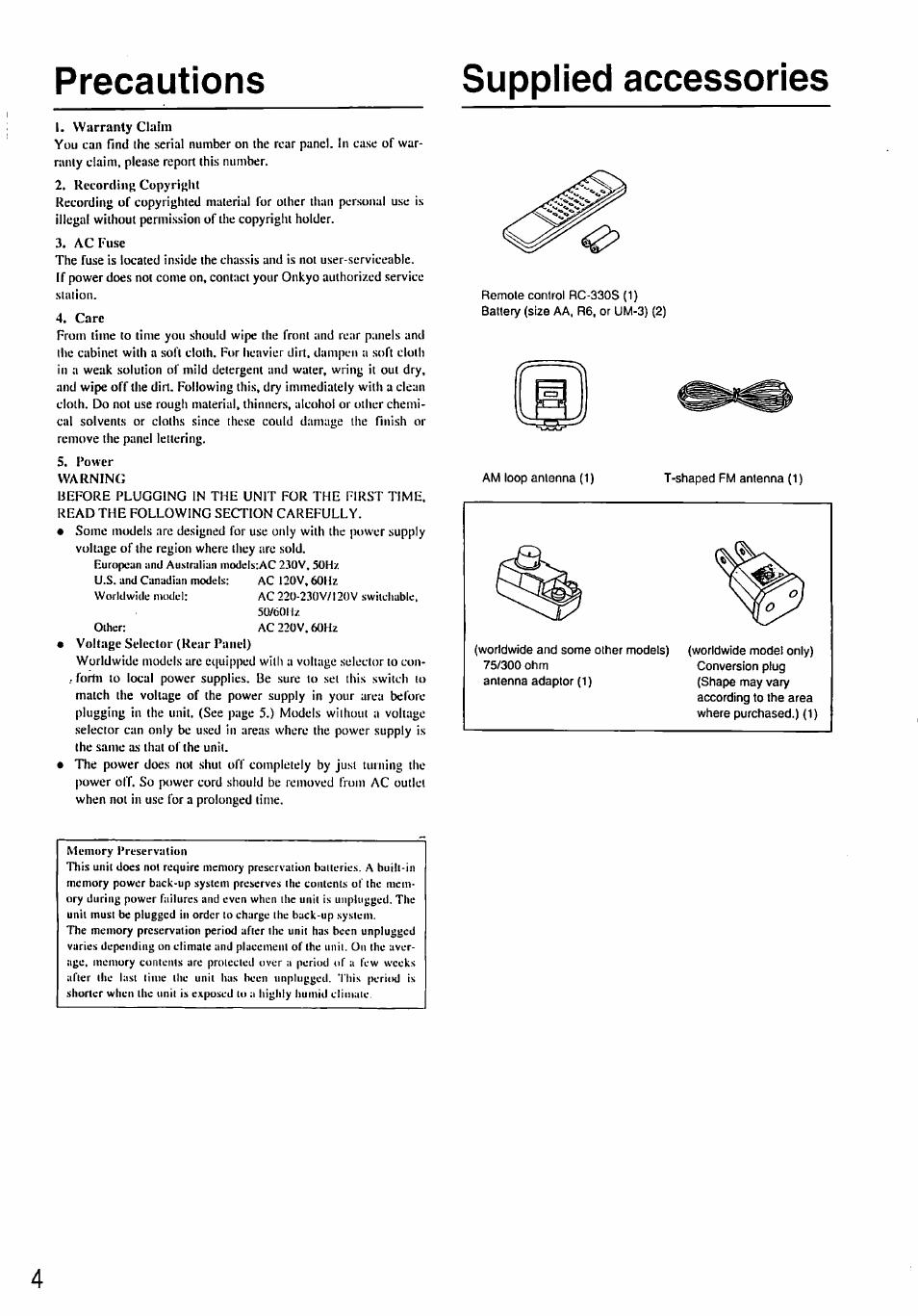 Supplied accessories, Precautions | Onkyo TX-8211 User Manual | Page 4 / 24