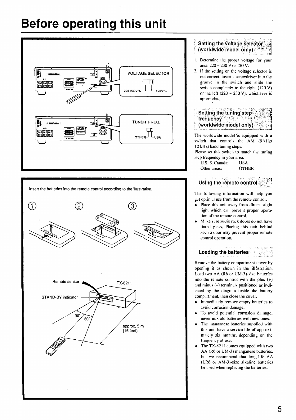 Before operating this unit, Setting thatuh|ng>tep, Frequency'''' i: (worldwide rriodel only) | Using the remote control, Loading the batteries , •i | Onkyo TX-8211 User Manual | Page 5 / 24